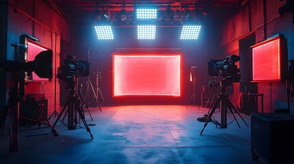 A vibrant and modern film studio is illuminated by bright square panel lighting, showcasing video cameras and a large screen with an immersive red glow effect.
