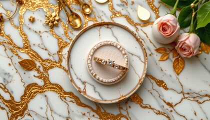 elegant ring holder mockup on marble, top view