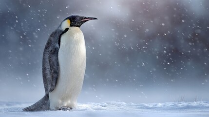 Obraz premium Emperor penguin standing tall on icy terrain with soft snowflakes falling gently in the background
