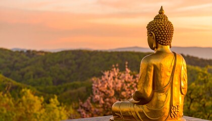 Obraz premium Golden Buddha statue at sunset