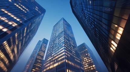 Fototapeta premium A stunning view of towering skyscrapers at dusk, illuminated windows reflecting the twilight sky