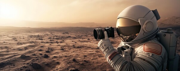 An astronaut takes photographs on the surface of a planet