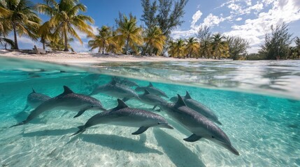 Group of dolphins visible beneath glassy surface in still tropical waters