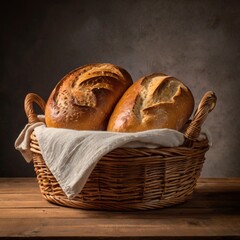 Fresh bread in basket on wooden table, plain background.