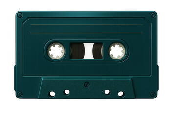 Obraz premium Vintage teal audio cassette tape featuring retro analog music recording, viewed in sharp close-up against transparent background