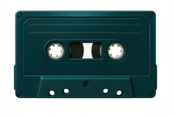 Vintage teal audio cassette tape featuring retro analog music recording, viewed in sharp close-up against transparent background