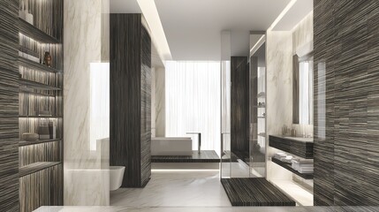 Fototapeta premium Modern bathroom with white marble and dark wood, minimalist elegance in natural light