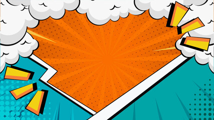 Comic Book Starburst in Blue and Orange for Hero Design. Dynamic Halftone Burst Superhero Background Illustration. Vintage Comic Explosion Background with Rays and Dots. Superhero Action Burst rays