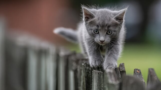 Kitten walking along a fence with cautious paws and alert ears