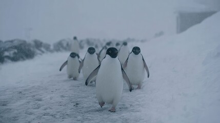 Obraz premium Penguins moving through misty snow under heavy overcast sky