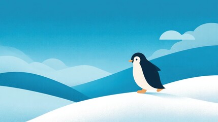 Penguin hopping over a snowbank with snowy hills rising behind it