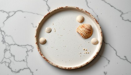 minimalist trinket tray mockup with shells, top view
