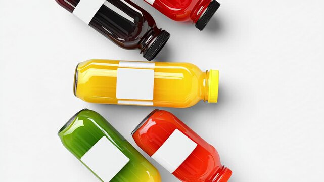 Colorful assortment of juice bottles with blank labels arranged artistically on a white background, showcasing vibrant colors and potential for branding and design mockups