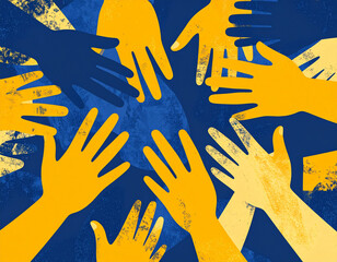 Minimalist Risograph composition with overlapping abstract human hands in saturated mustard yellow and navy blue, rough grainy paper texture image