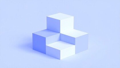 Obraz premium Abstract geometric composition of stacked white and light-blue cubes on a pastel blue background.