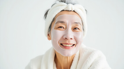 Elderly woman smiling with facial mask white bathrobe headband self care skincare routine healthy aging beauty relaxation bright background happiness