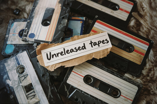 Concept for the music industry and lost media. A pile of vintage audio cassettes, representing demo or bootleg recordings, with a label that says "Unreleased tapes."