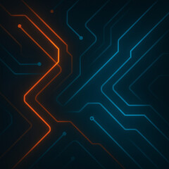 Obraz premium Futuristic circuit board background with glowing orange and blue lines on a dark backdrop. High-tech digital network design, ideal for technology, cyber, and innovation themes.
