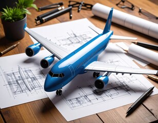 Blue Model Airplane On Engineering Drawings