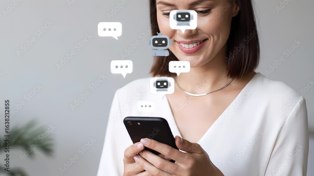 Aufkleber smiling woman using smartphone with holographic chatbot and message icons. concept of ai virtual ass