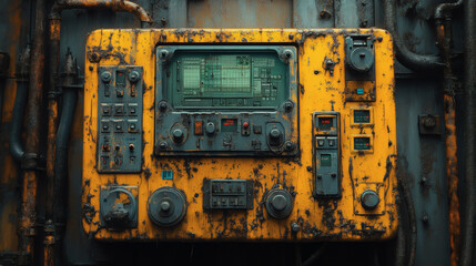 Industrial control panel with peeling paint and rust marks