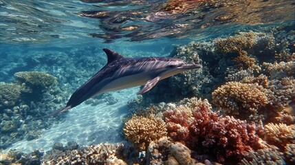 Underwater view of a dolphin swimming with streamlined motion near coral reefs