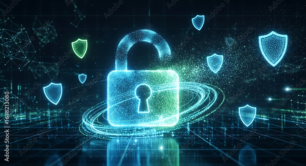 Poster digital lock and security shields in a futuristic design