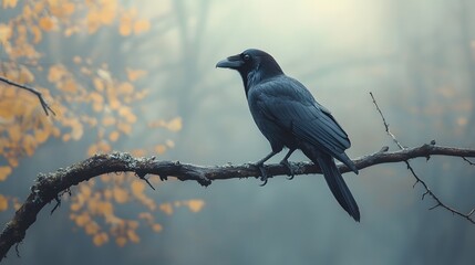 Obraz premium Solitary raven perched on a branch in a moody autumn landscape