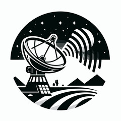 Monochrome satellite dish in night landscape with mountains and stars in retro style