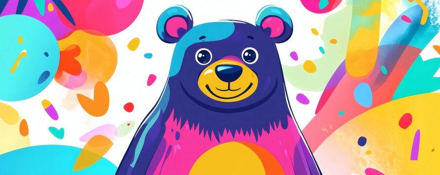 A cheerful cartoon bear surrounded by bright and colorful decorations