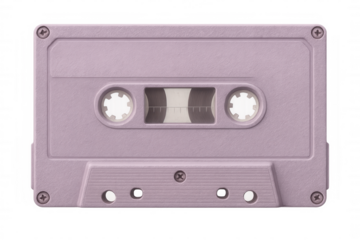 Retro purple audio cassette sitting against transparent backdrop, capturing analog music era nostalgia