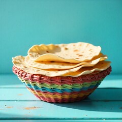 Fresh bread in basket on wooden table, plain background.