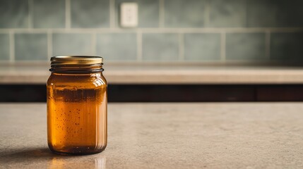 A partially empty honey jar, showing residue clinging to the sides, implying frequent use, on a family kitchen table.
