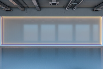 Modern corporate hallway interior with large blank illuminated wall display for logo or poster mockup in clean business building space. 3D Rendering