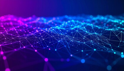 Abstract digital network of interconnected nodes, glowing with vibrant blue and purple hues, forming a dynamic wave.