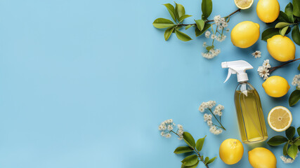 Natural lemon cleaning spray with flowers on blue background. Eco cleaning concept.