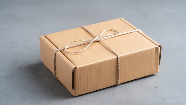 Simple cardboard box tied with string on gray background for small business shipping and product packaging needs studio shot