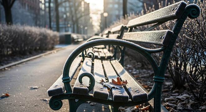 Frosty bench in an urban park during early morning light