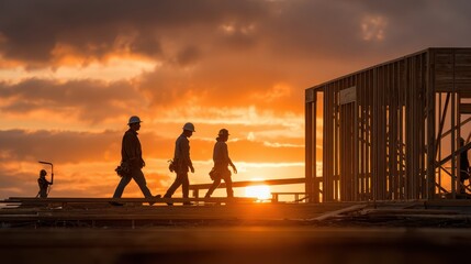 Construction workers walk at golden sunset near a framed building. It is ideal for illustrating development, progress, or teamwork.