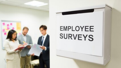 A Professional Setting Highlighting Employee Engagement with a Survey Box and Team Collaboration in an Office Environment