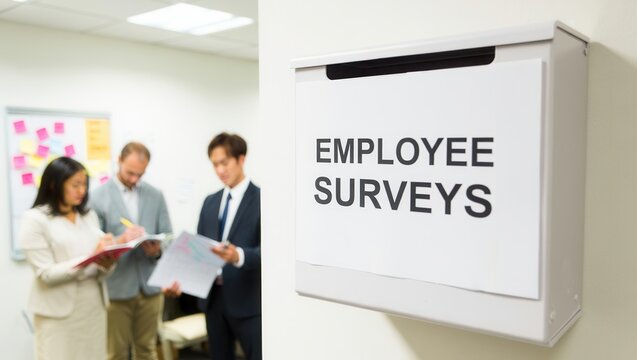 A Professional Setting Highlighting Employee Engagement with a Survey Box and Team Collaboration in an Office Environment