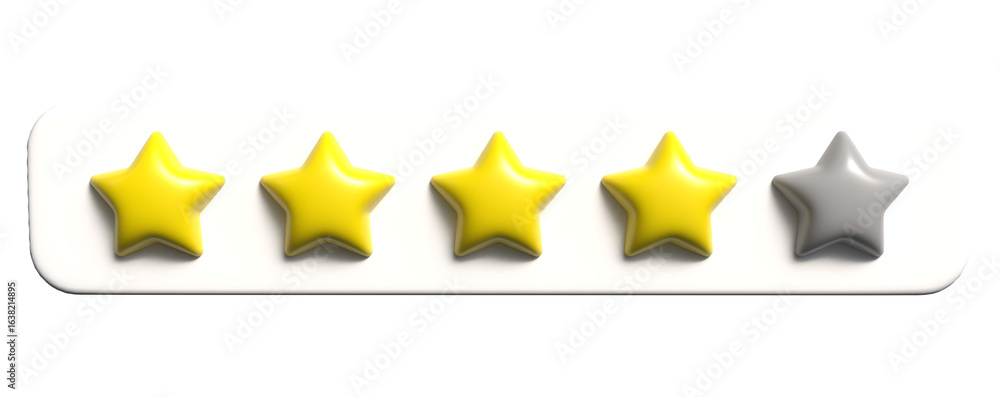Poster four yellow stars review bar with one grey star – near-perfect score feedback in realistic 3d style.
