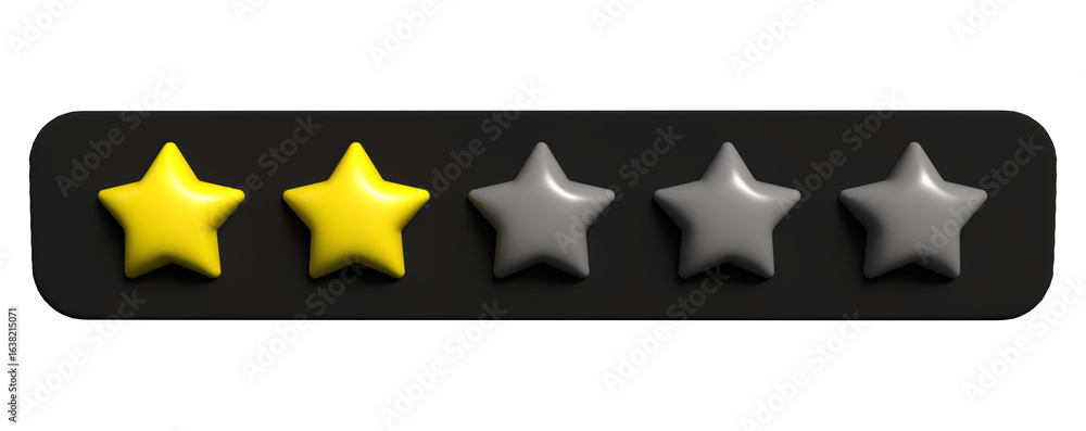 Fototapete two yellow stars on black rating panel – low-score review bar in glossy 3d style. poor rating ui des