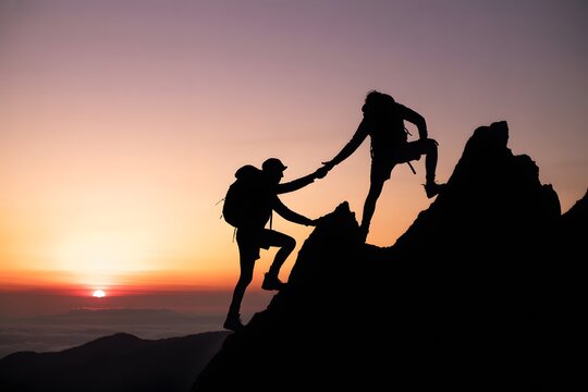 Two hikers assisting each other to reach mountain summit during stunning sunset