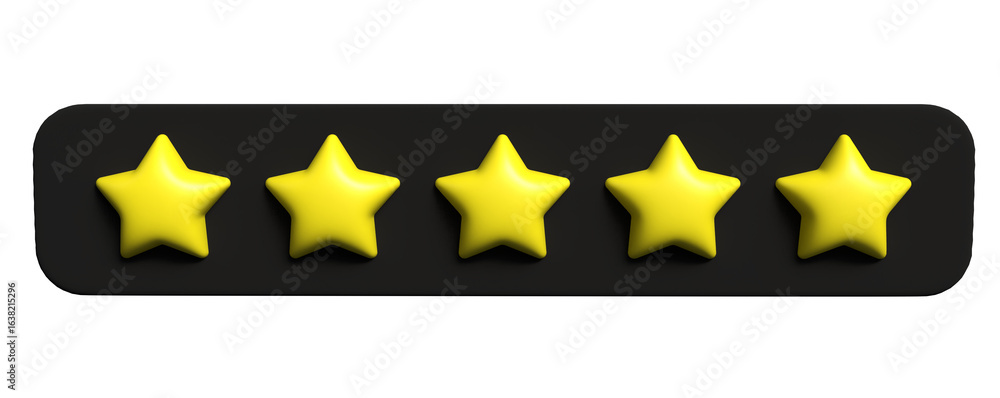 Poster five star rating 3d yellow icons on black panel – perfect score review bar for feedback, quality eva