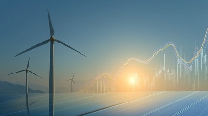 New Energy Economic Growth Concept: Solar Panels and Wind Turbines with Sunrise Sky and Rising Financial Charts, Showing Green Energy Potential