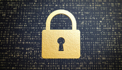 Digital Fortress: A golden padlock overlaid against a backdrop of binary code, a vivid illustration of digital security and data protection in the modern age.