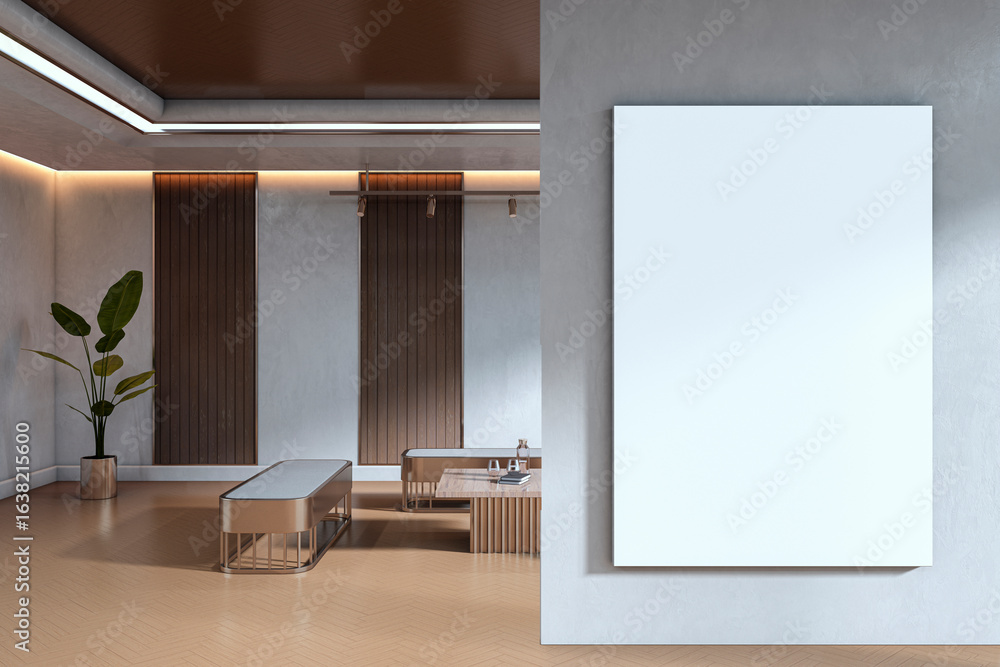 Poster vertical blank canvas mockup on concrete wall in modern office waiting area with bench seating and w
