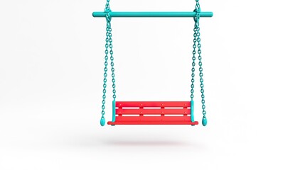 A single red playground swing hanging from a sturdy blue metal frame, isolated on a clean white background, shot from a front angle, chains and seat in clear focus,