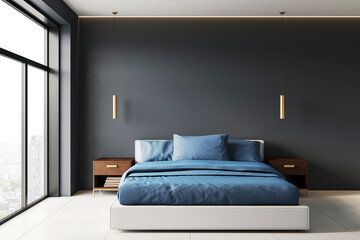 Modern luxury bedroom interior with dark wall, blue bedding, panoramic window, and clean minimalist furniture in urban high-rise building. 3D Rendering
